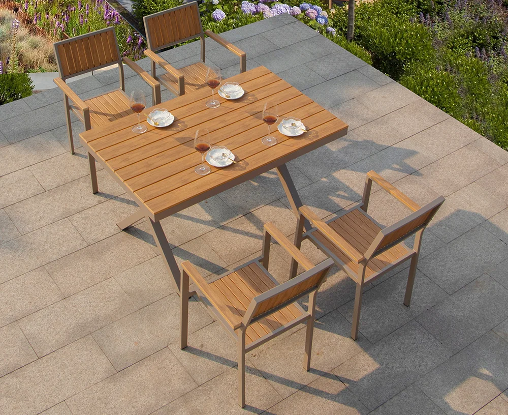 Modern patio furniture Plastic wood outdoor restaurant garden tables and chairs outdoor furniture patio dinning table 6 chairs