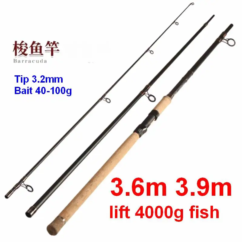 ZZ240 BARRACUDA 3.6m 3.9m 3 Sections Lure Spinning Fishing Rod Carbonfiber Tip Dia. 2.8-3.2mm Bait 40g - 100g 4Kgs Safe Load