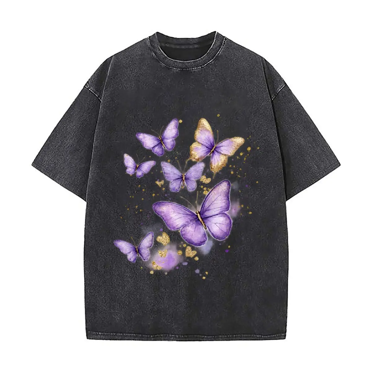 Purple Butterflies Golden Glitter Watercolor Art Washed Short Sleeve Loose Streetwear Tee Hip Hop