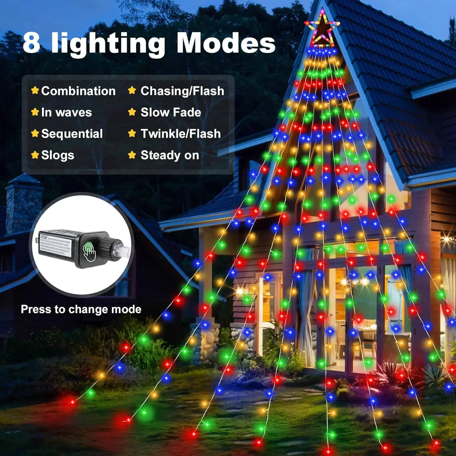 

11,5 футов 317 светодиодных разноцветных звездных гирлянд — 8 режимов и таймер для наружного рождества, вечеринки, свадебного декора