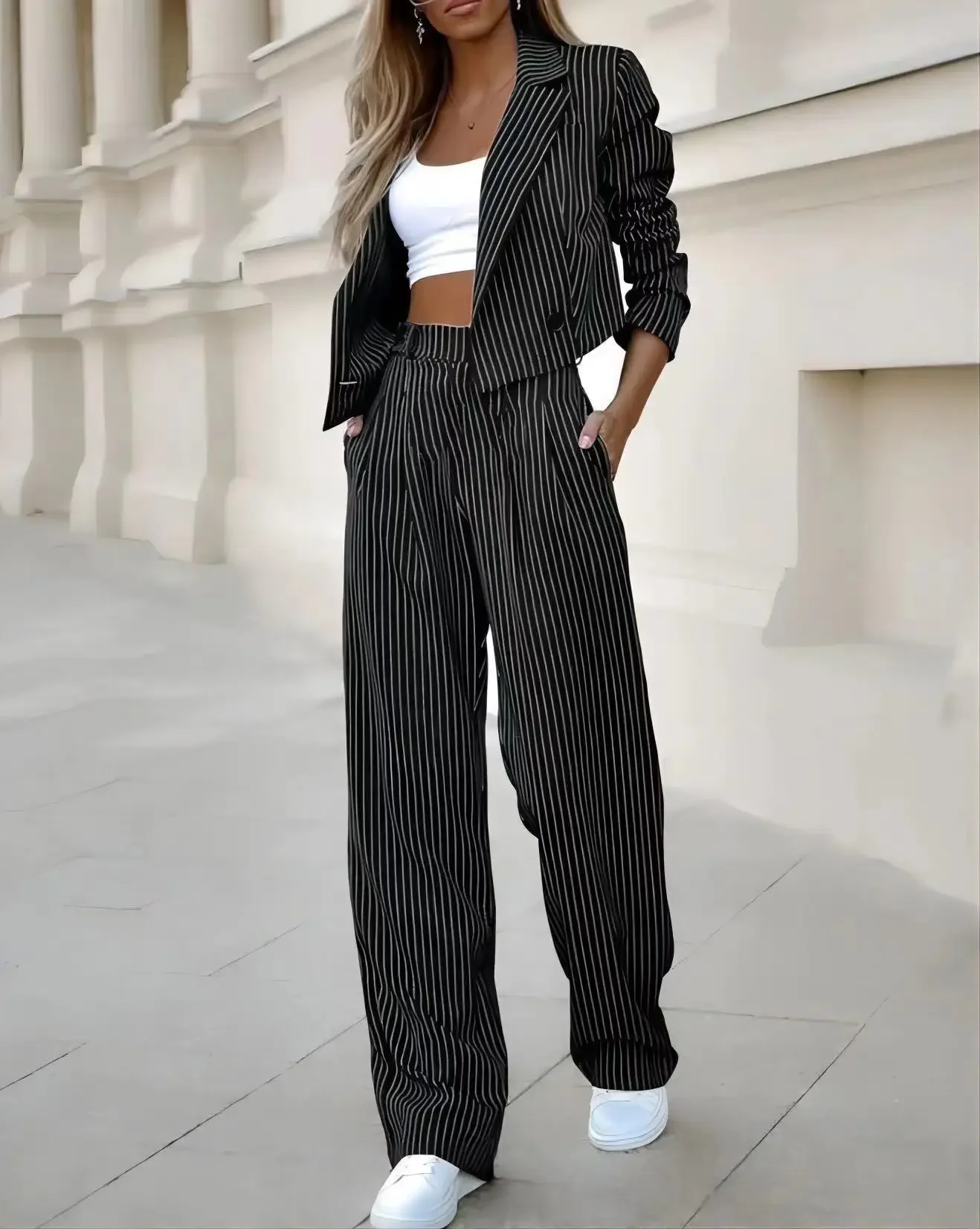 

Striped Blazer Coat & Straight Leg Pants Set Women Coats Pant Sets Two Piece Suit Turn Down Collar Jackets Midi Waist Trousers