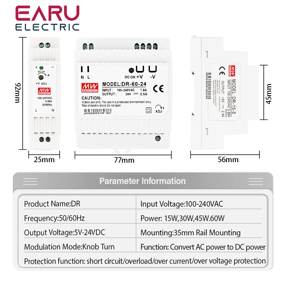 15W 30W 45W 60W Single Output 5V 12V 15V 24V Industrial Din Rail Power Supply Switch DR-15 DR-30 DR-45 DR-60 -5/12/15/24