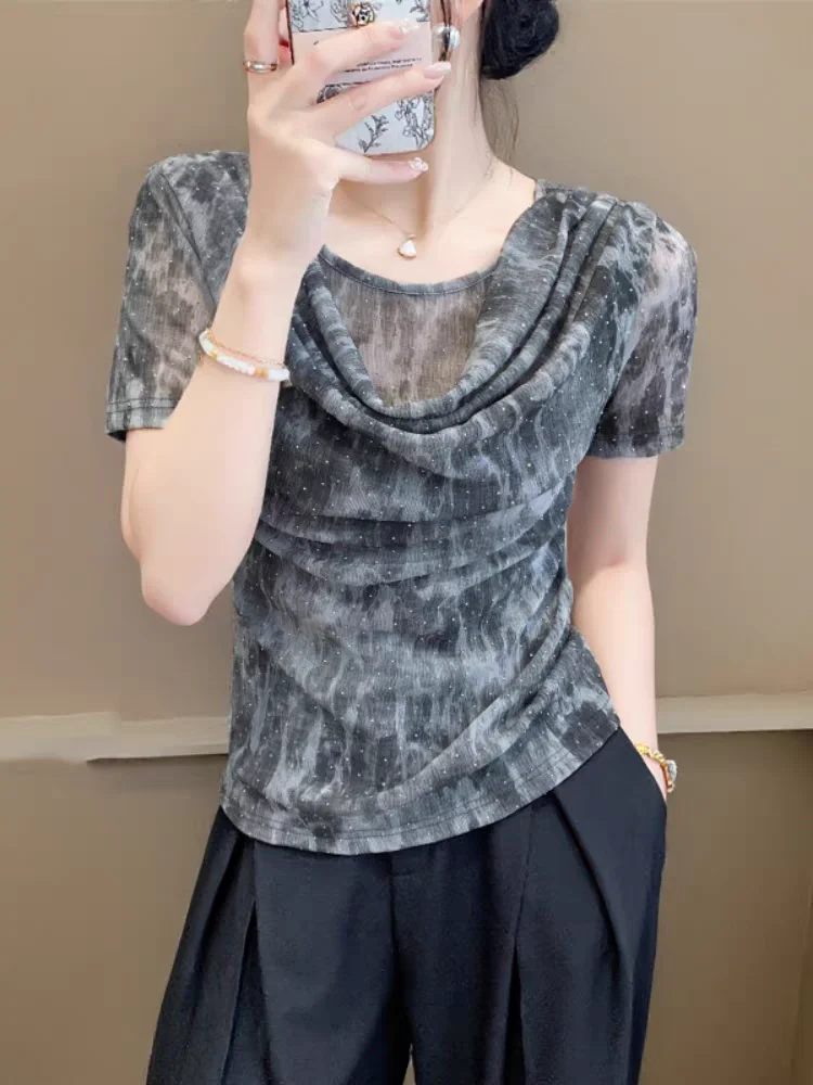 New Arrival Rhinestone T-Shirt Women's Short Sleeve Draped Neck Slimming Chic Blouse Trendy Casual Top
