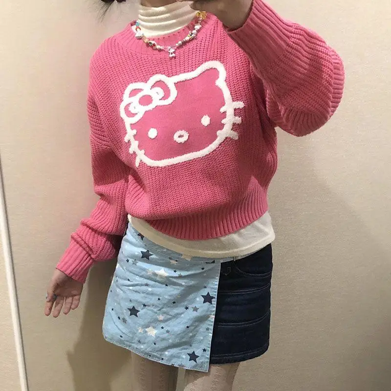 Cute Hello Kitty Sweater Knitted Slim Fit Tops Sanrioed Hot Girl Y2K Cartoon Versatile Anime Autumn Kt Round Neck Short Top Girl