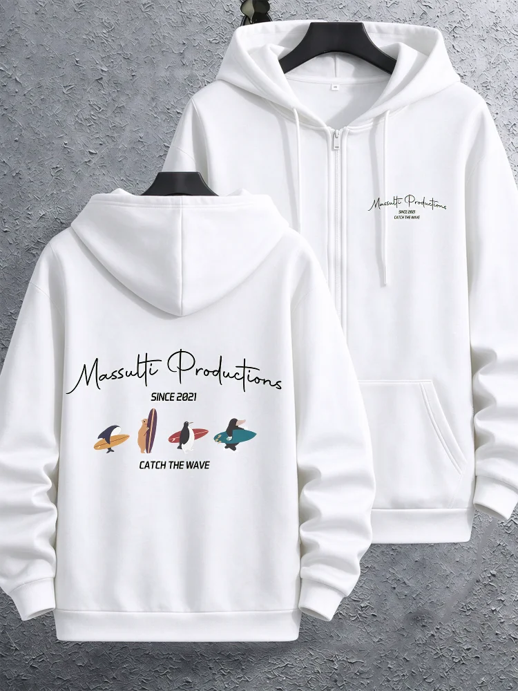 Retro Surf Animal Graphic Printed Mens Zip Up Fleece Hoodies Warm Winter Athletic Sportswear Sweatshirt Loose Workout Jacket