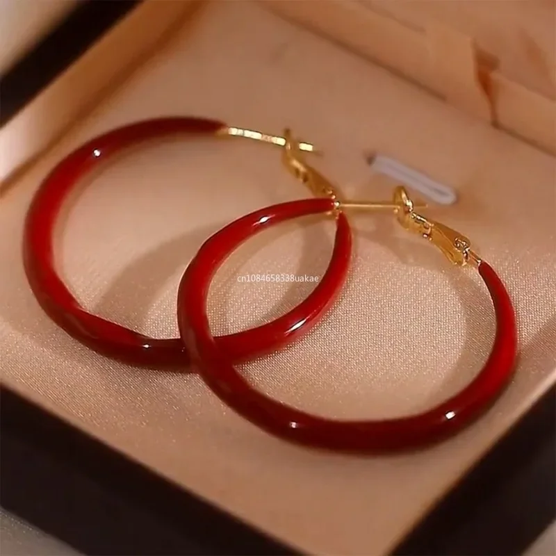 Elegant Red Color Smooth Enamel Hoop Earrings for Women Statement Jewelry Big Metal Circle Earrings Boho сережки с камнем