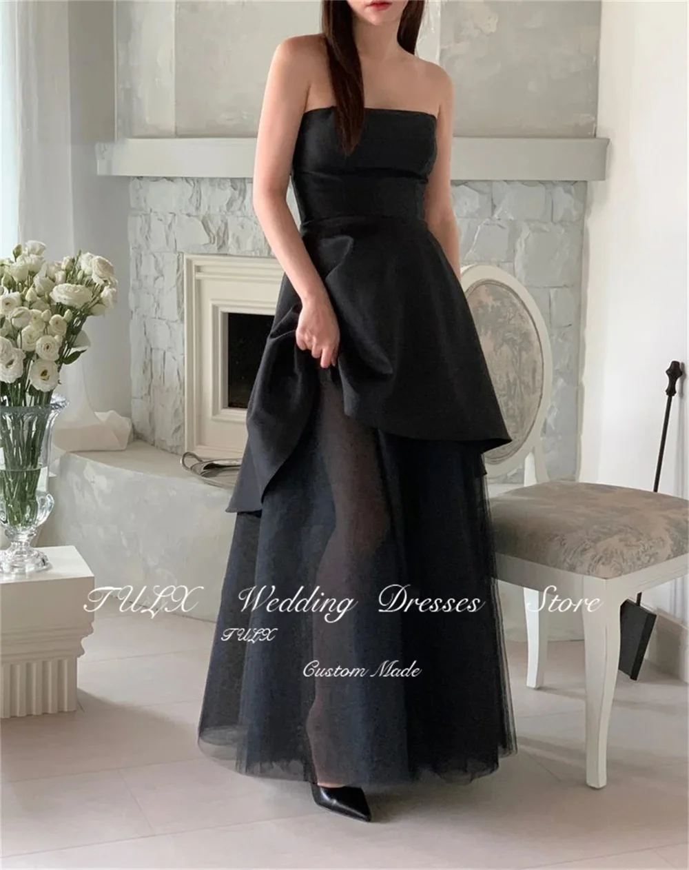 TULX Off Shoulder Tulle Shawl Evening Party Dresses Black Korea Satin Tiered Simple Elegant Women Formal Gowns Event Prom Gowns