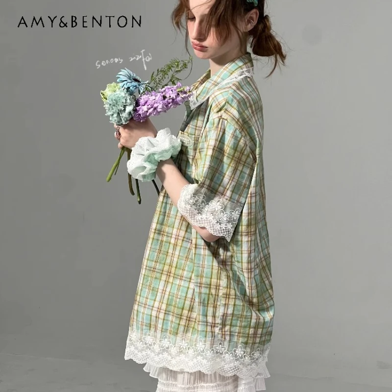 

2025 Summer New Plaid Splicing Lace Women's Shirt American Design Green Button Loose Thin Versatile Short-sleeved Shirts Ladies