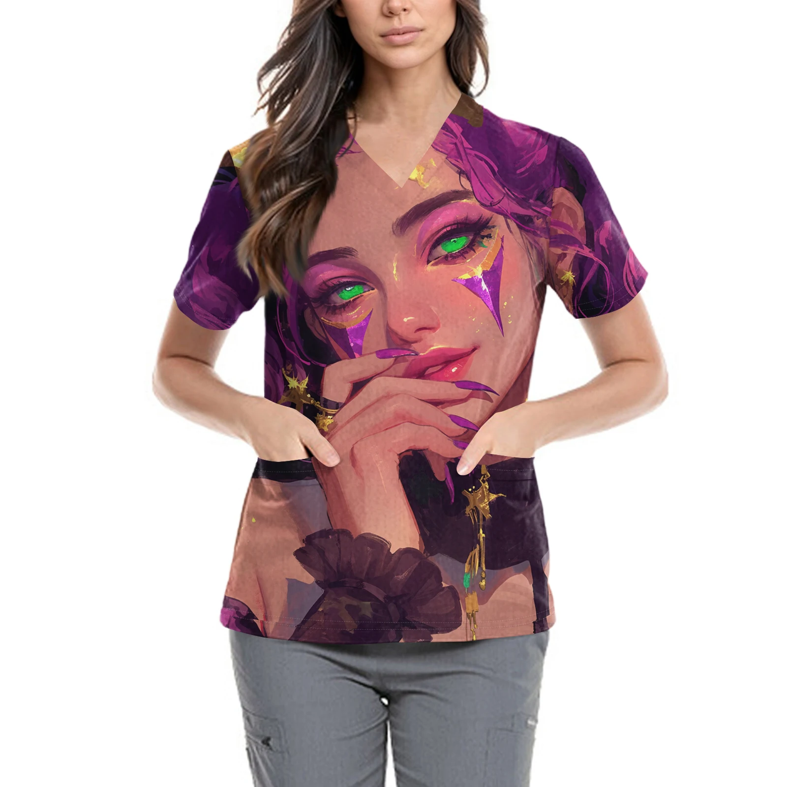 Uniformi da infermiera da donna Abbigliamento da carnevale Top Versatile Casual Elegante scollo a V Stampato a maniche corte Pullover di base Tasche Spacco laterale