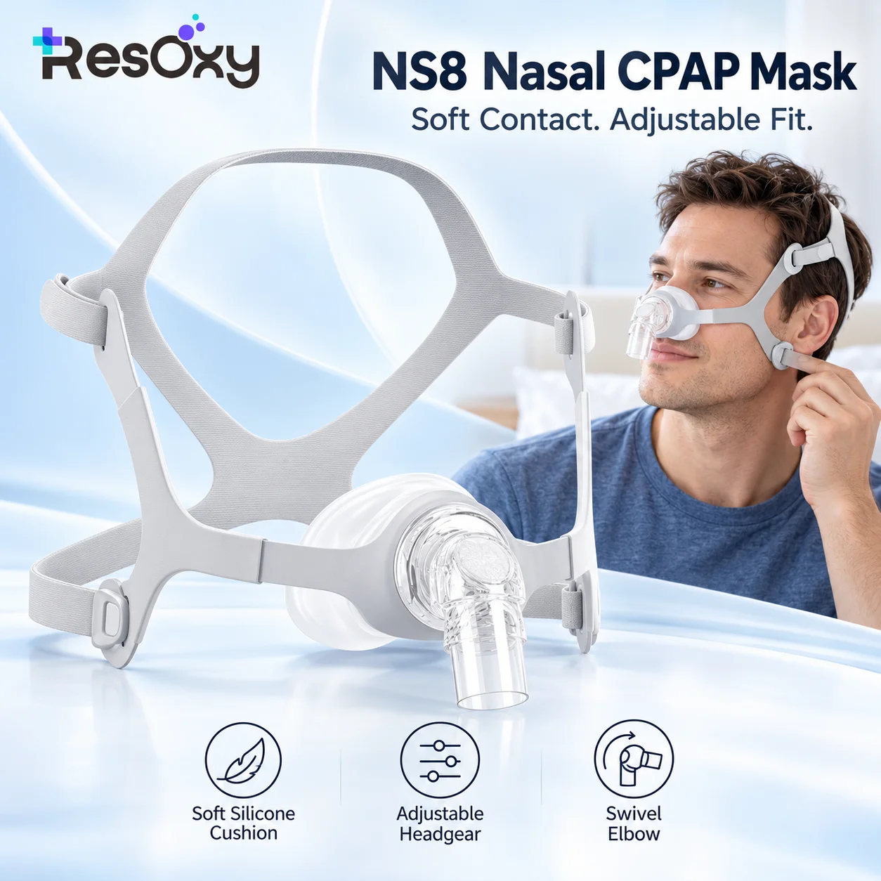 resoxy-ns8-鼻用cpapマスク（ヘッドギア付き）、apap-cpap装置用、医療用シリコンクッション、睡眠時無呼吸症候群対策、いびき防止、広視野角