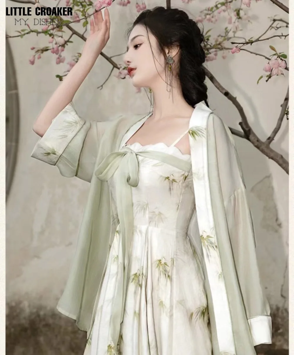 Summer Chinese Hanfu Dress 2pcs Improved Modern Style Traditional Bamboo  Printed Cardigan Coat+ Dress 2pcs Sets Hanfu Female - AliExpress 200000532