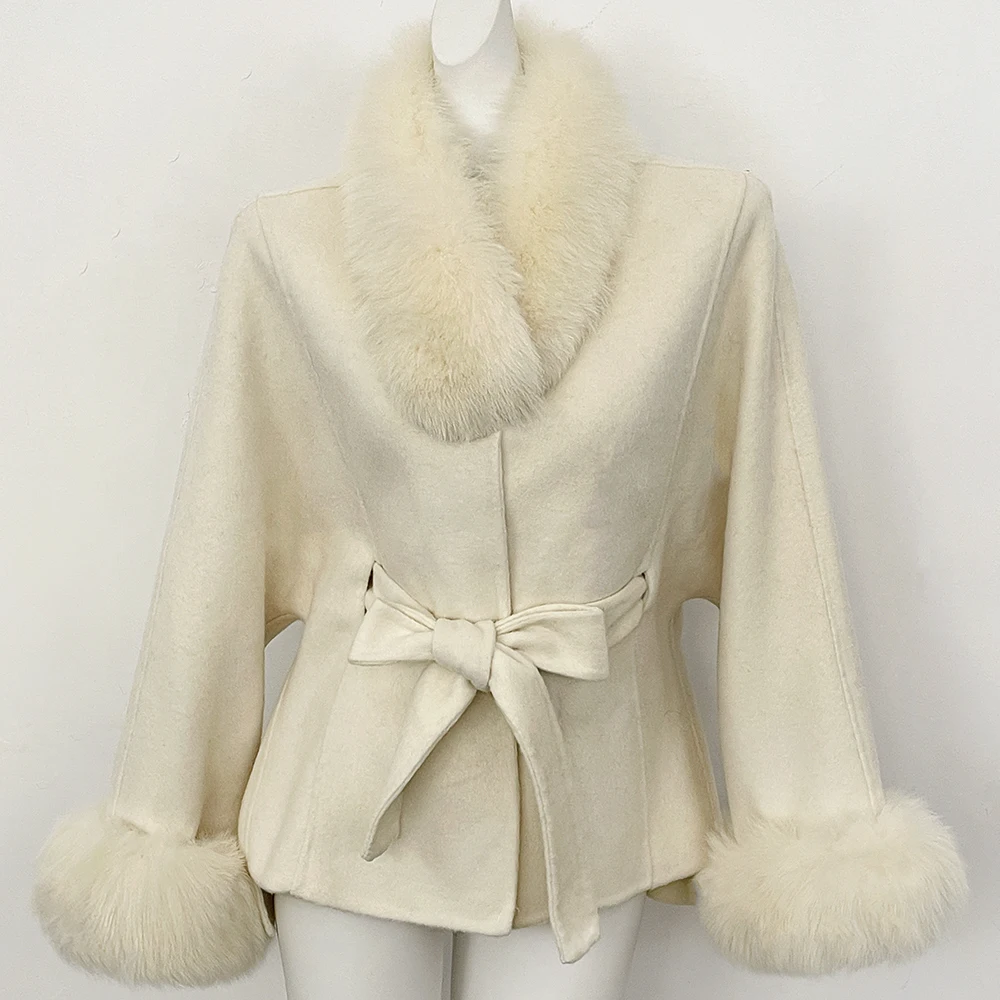 Wool Coat with Fur Trim New Winter Natural Fur Woolen Jacket Women Luxury Removable Fox Fur Collar Belted Waist High Fashion