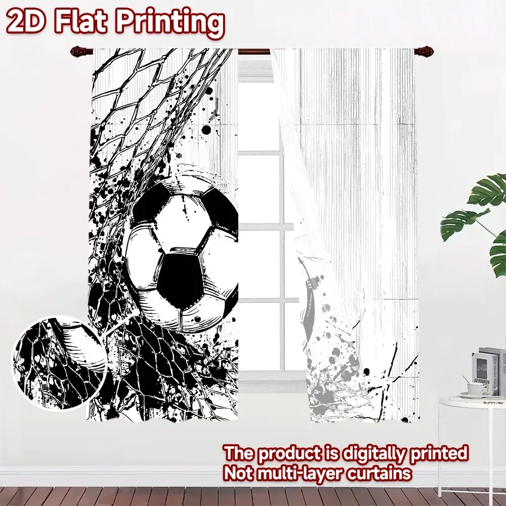 2pcs Abstract Football Soccer Ball Pattern Curtains Black White Sports Design Window Panel Pair for Living Room Decor