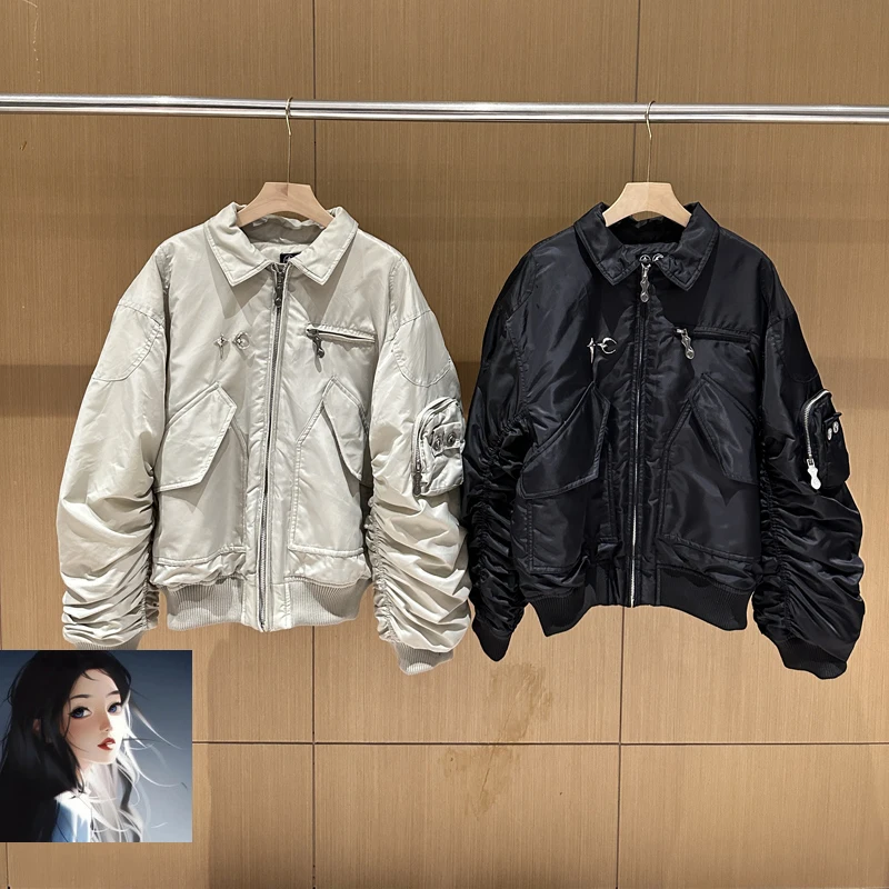 

Multi Pockets Thug Club Star Moon Logo Back Rivet Metal Zipper Bomber Flight Jacket Men Women Casual Thicken Cotton Jacket Coat