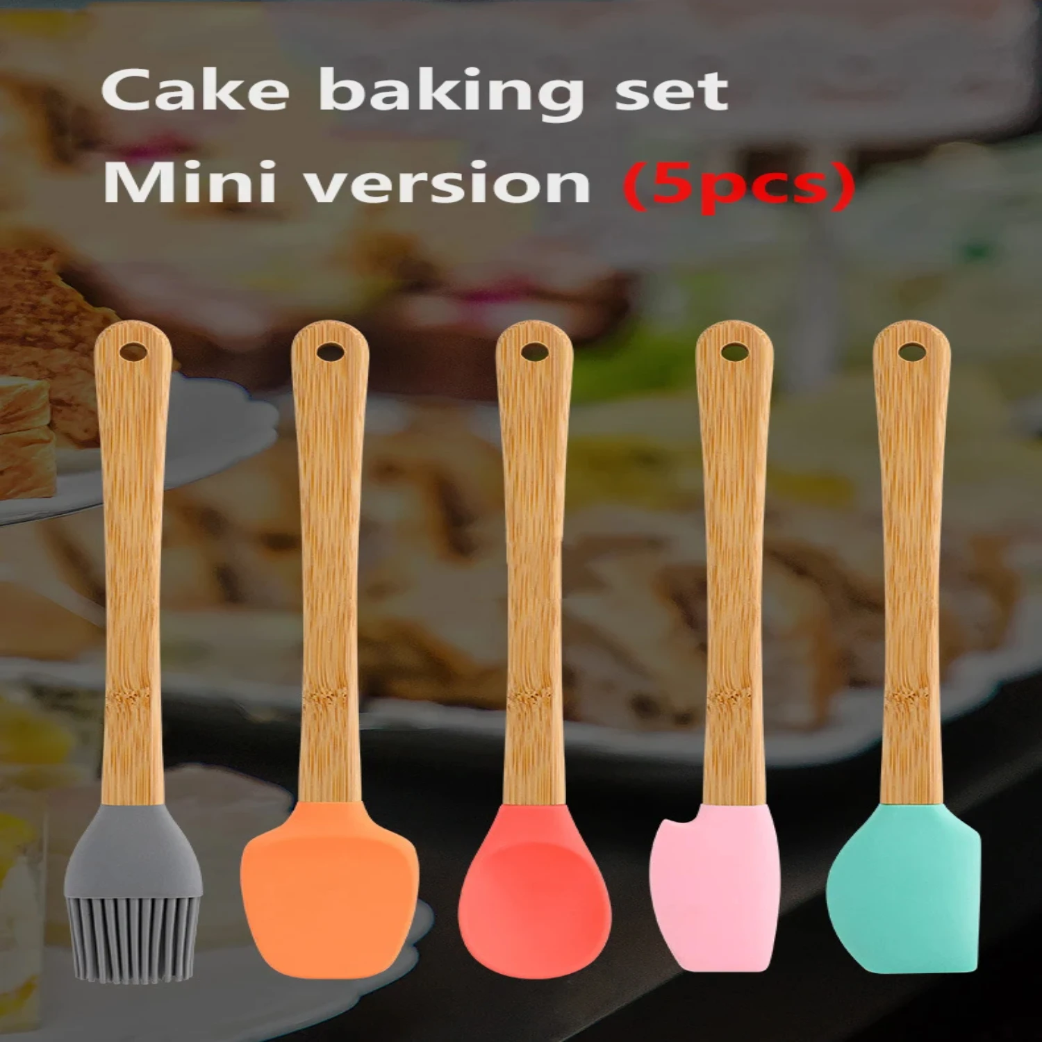 5PCS/Set Mini Silicone Spatula Five-piece Cake Spatula Silicone Brush Pink And Light Color Bamboo Handle Dropshipping