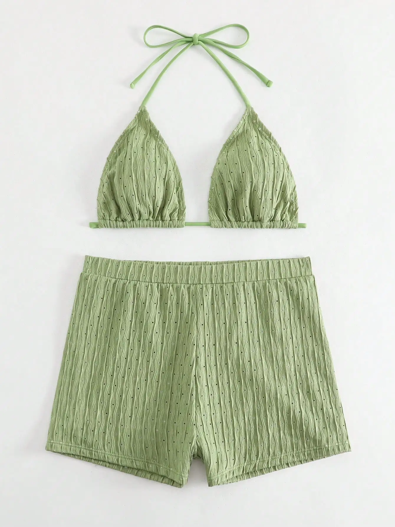 

Зеленый текстурированный комплект бикини с шортами для пляжного отдыха