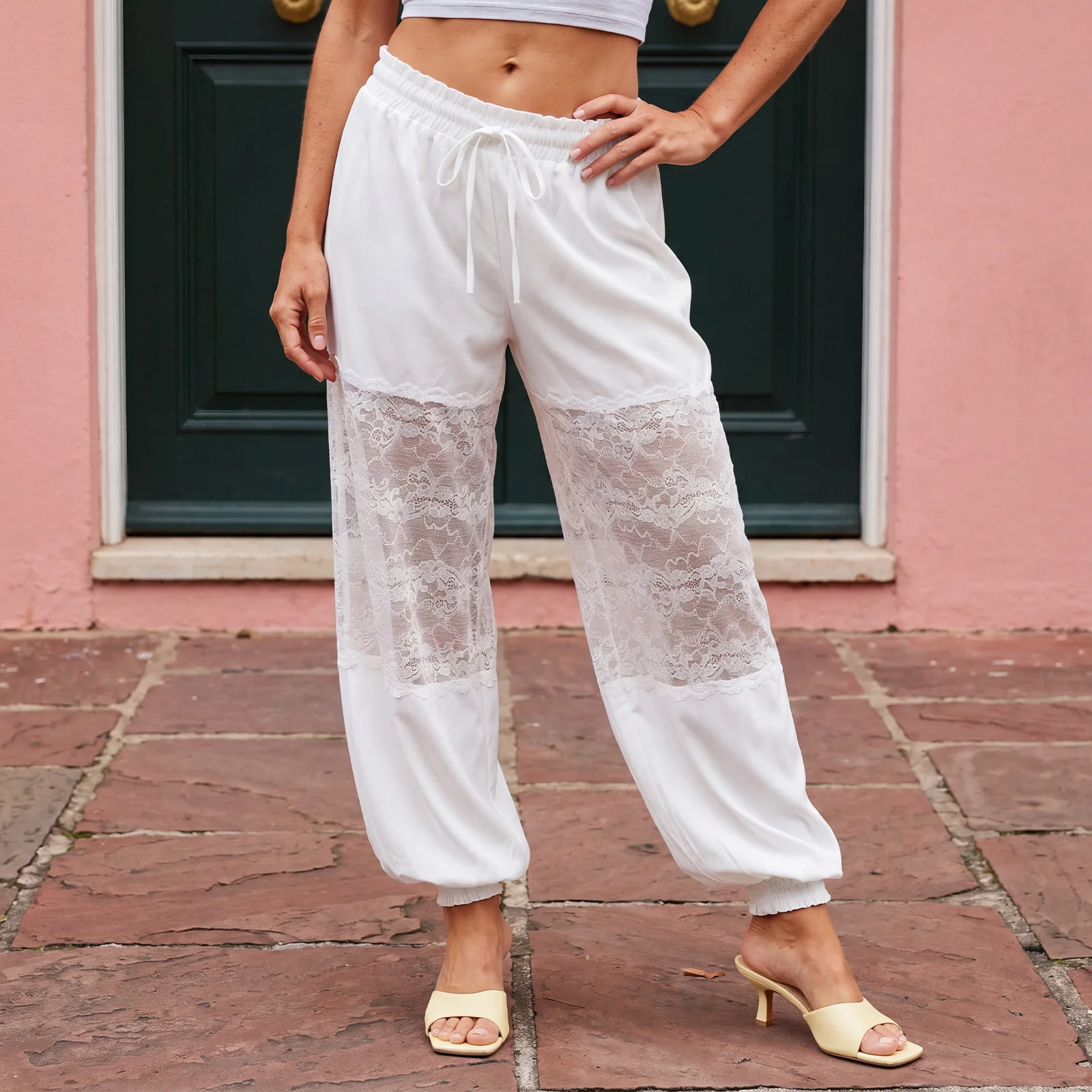 Womens Summer Solid Color Long Lace Patchwork Bloomers Casual Loose Fit Stylish Tie Mid Rise Pants