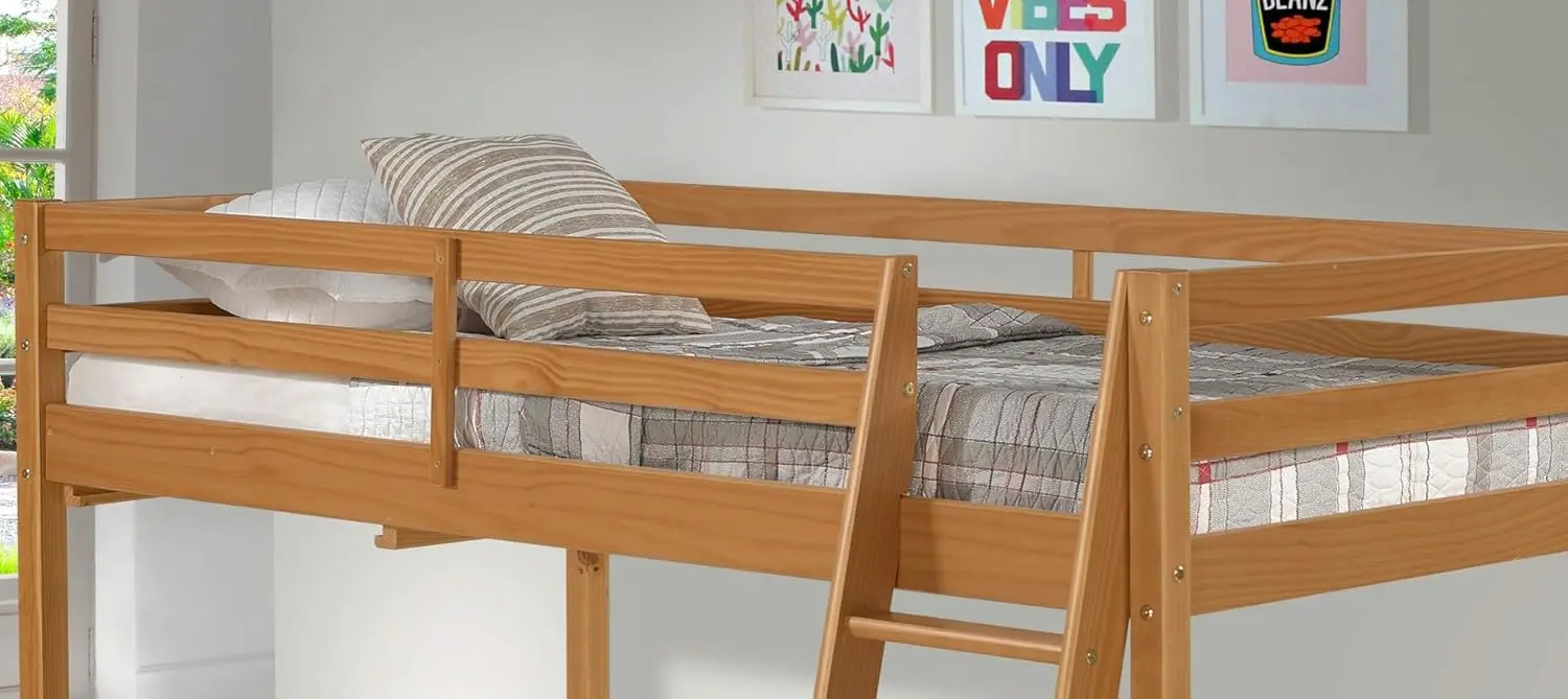 Lit Loft en bois junior double pour enfants, finition enna, cadre en bois robuste, comprend un bureau d'appoint intégré et un support ouvert