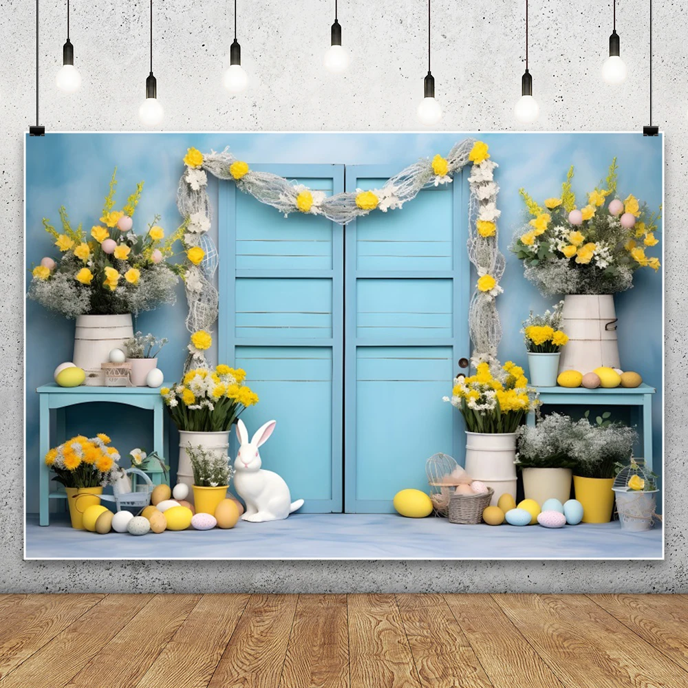 Happy Easter Backdrop Photography Spring Brick Wall Wooden Door Flower Eggs Rabbit Baby Shower Kids Artistic Portrait Background