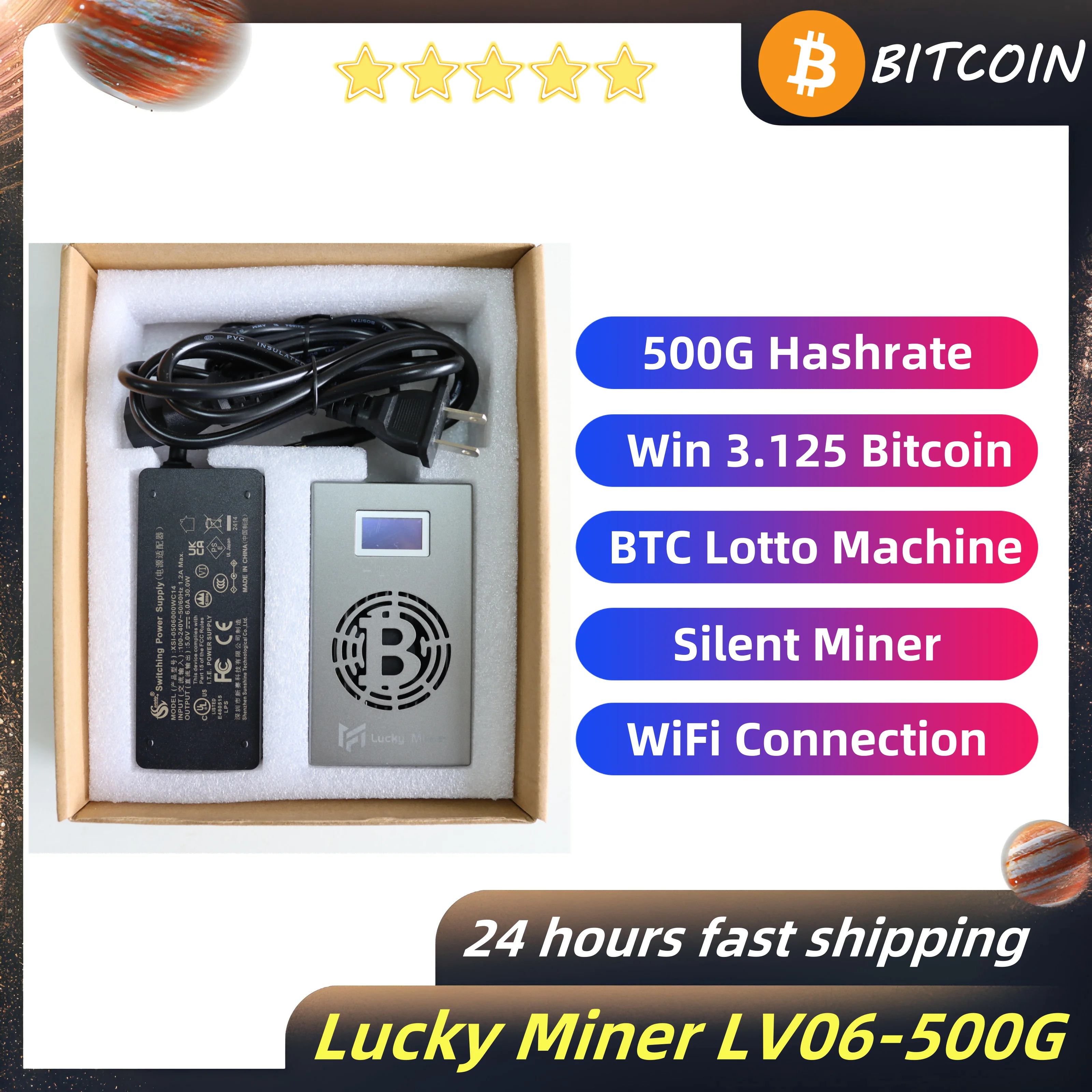 BTC Solo Miner Bitaxe Lucky Miner 06 Bitcoin Miner 500GH/S Хешрейт BM1366 ASIC Chip Домашний бесшумный майнер с блоком питания