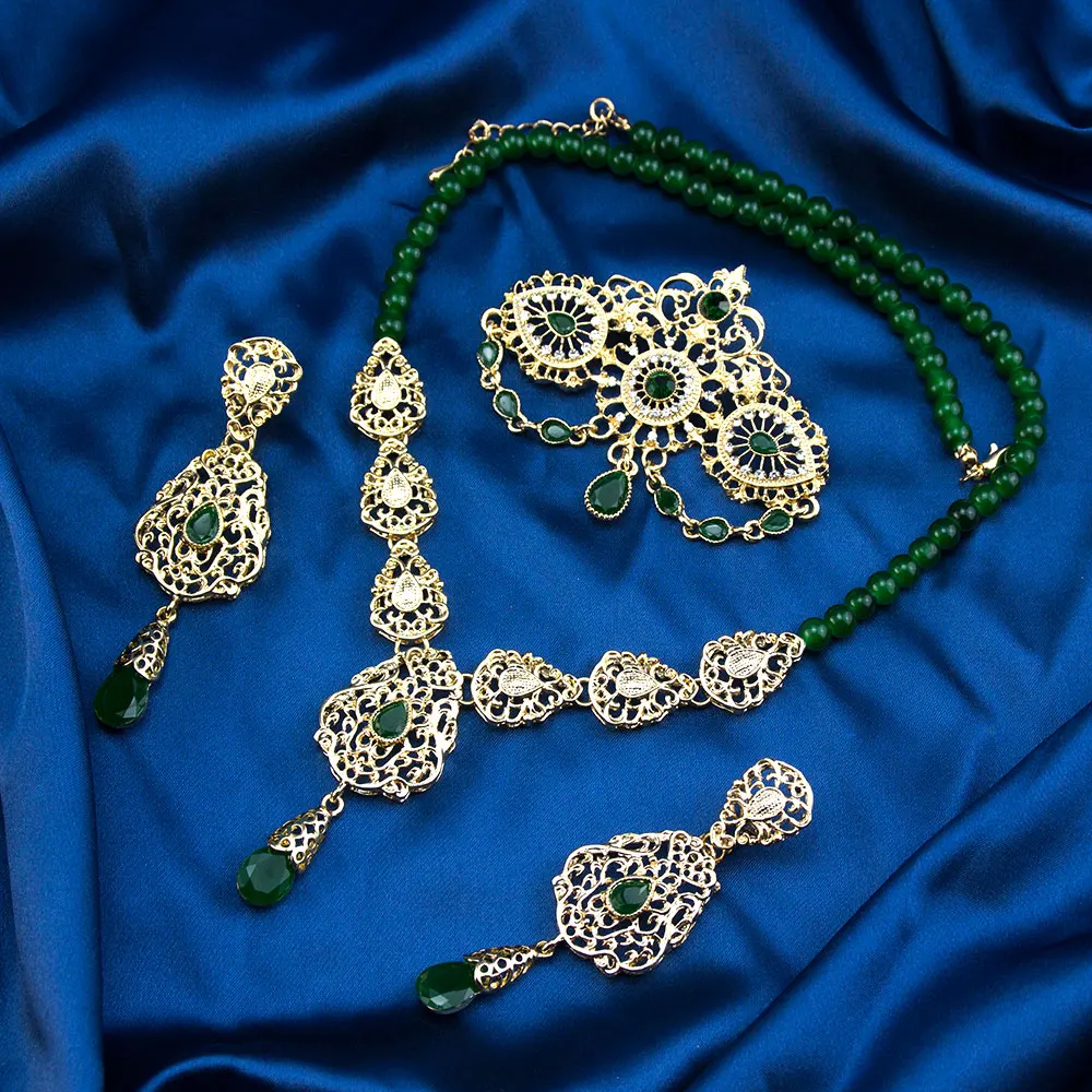 Immagine 5: Sunspicems Colore oro Arabo Marocco Set di gioielli da sposa da sposa Collana di perline Ciondolo Waterdrop Orecchino lungo Spilla in filigrana