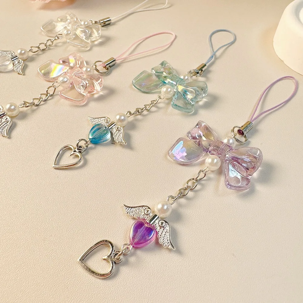 Love Pendant Heart Fringe Phone Lanyard Sweet Bowknot Love Heart Pendant Phone Strap Girly Backpack Charm Key Chain Pendant Gift