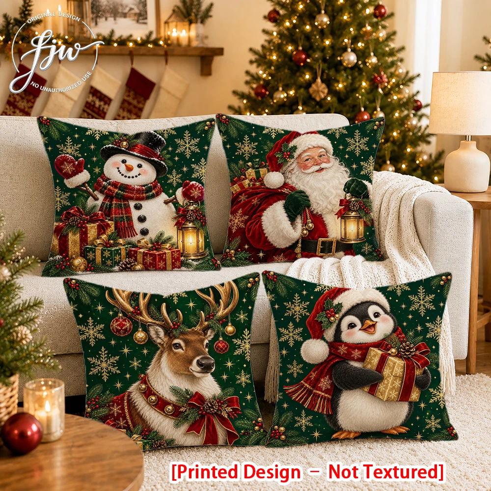 2/4pc Christmas Vintage Snowman Penguin Reindeer Santa Throw Pillow Covers Holiday Decor Cushion Cases