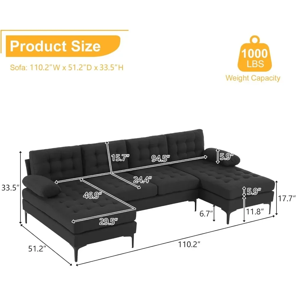 Convertible Sectional Sofa with Double Chaises & Metal Legs, 110