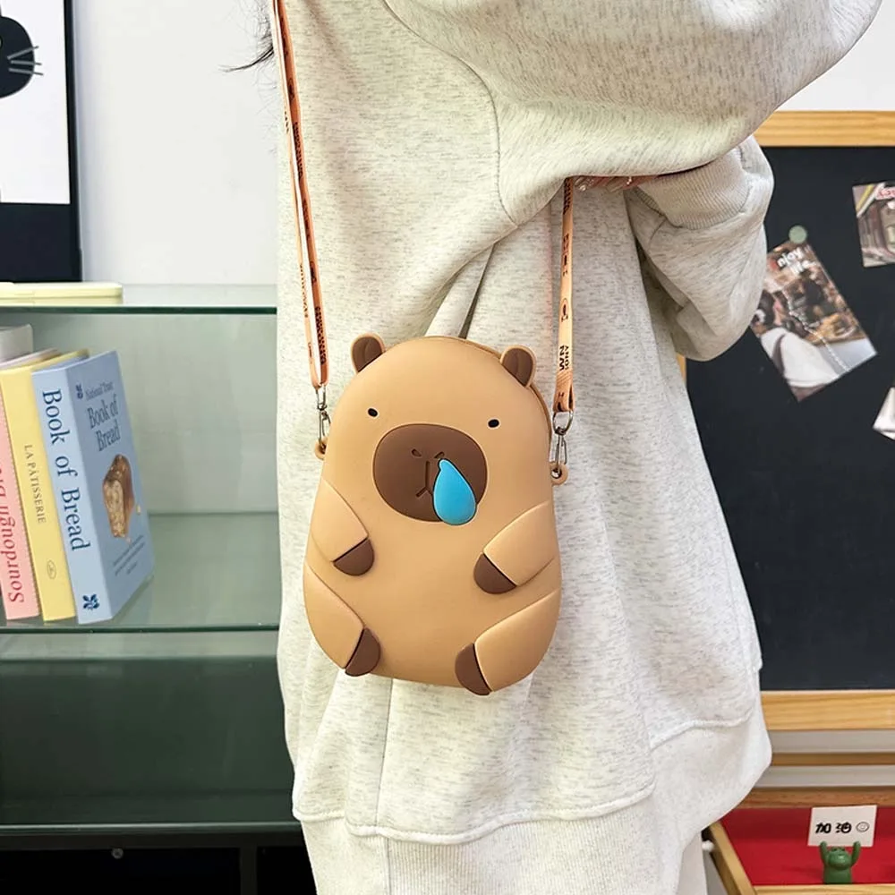 

2 Size Kawaii Capybara Shoulder Bag Cartoon Waterproof Silicone Bag Portable Small Phone Storage Pouch Friends