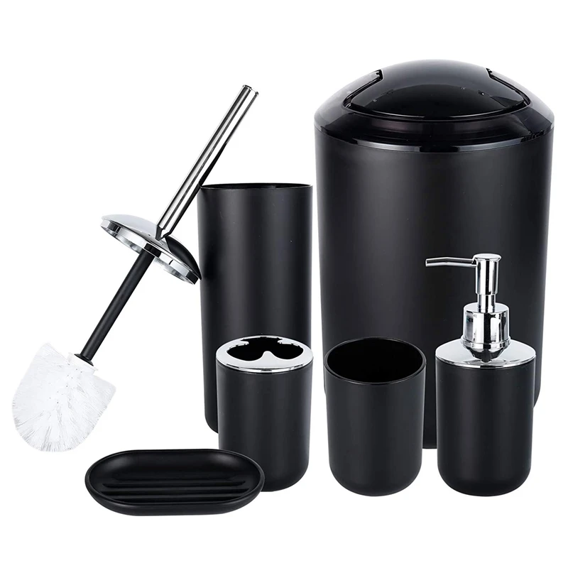 Set di 6 accessori per il bagno, con portaspazzolino, tazza per spazzolino, dispenser per sapone, portasapone, portaspazzole nero