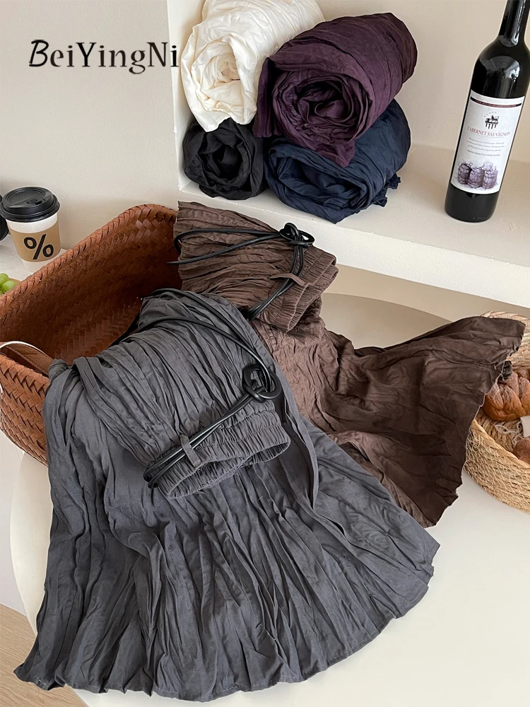 Beiyingni Jesienno-zimowe plisowane długie spódnice damskie z paskami, retro, jednolite, w stylu japońskim, damskie spódnice midi w kształcie litery A, Faldas