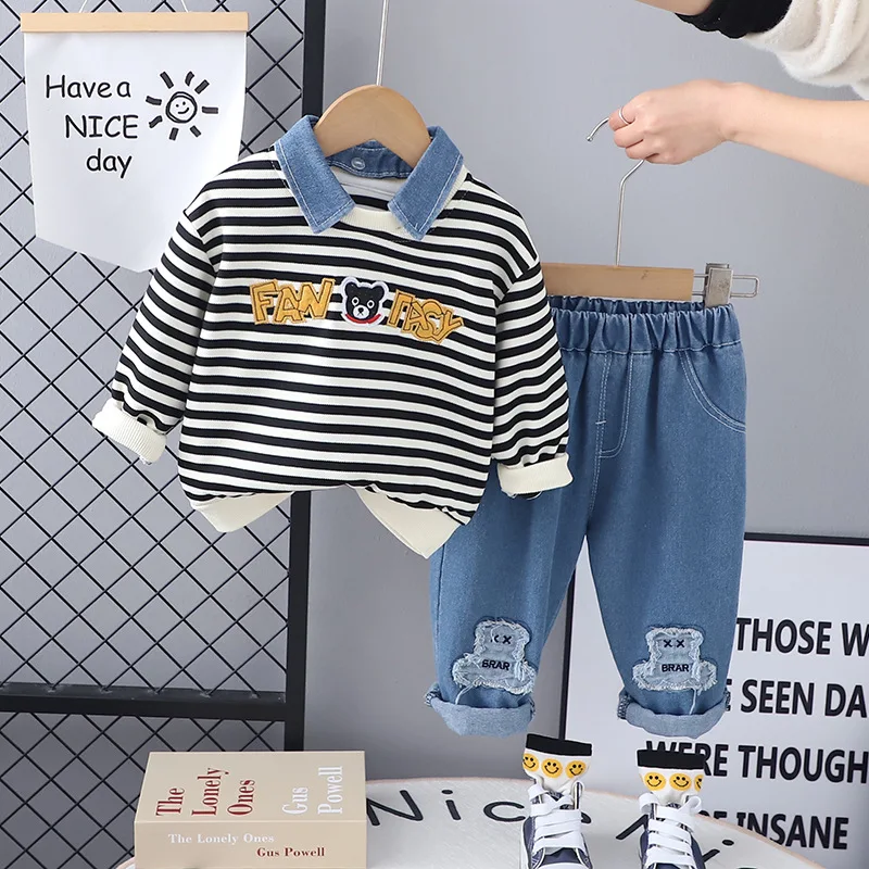 Kids Set 2024 New Spring Designer Baby Boy Clothes Free Shipping Cartoon Striped Long Sleeve T-shirts and Pants Oufits for Boys