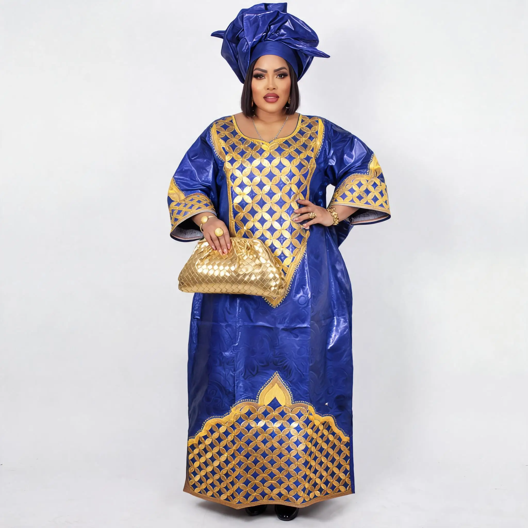 African Dresses For Women Plus Size Bazin Riche Embroidery Design Long Dress With Scarf