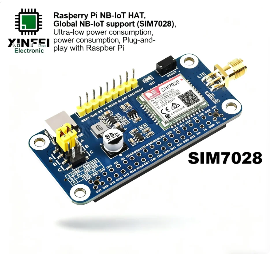 SIM7028 NB-IoT HAT for Raspberry Pi, Global Bands, Ultra-Low Power, IoT Remote Monitoring, MQTT/HTTP/TLS Support