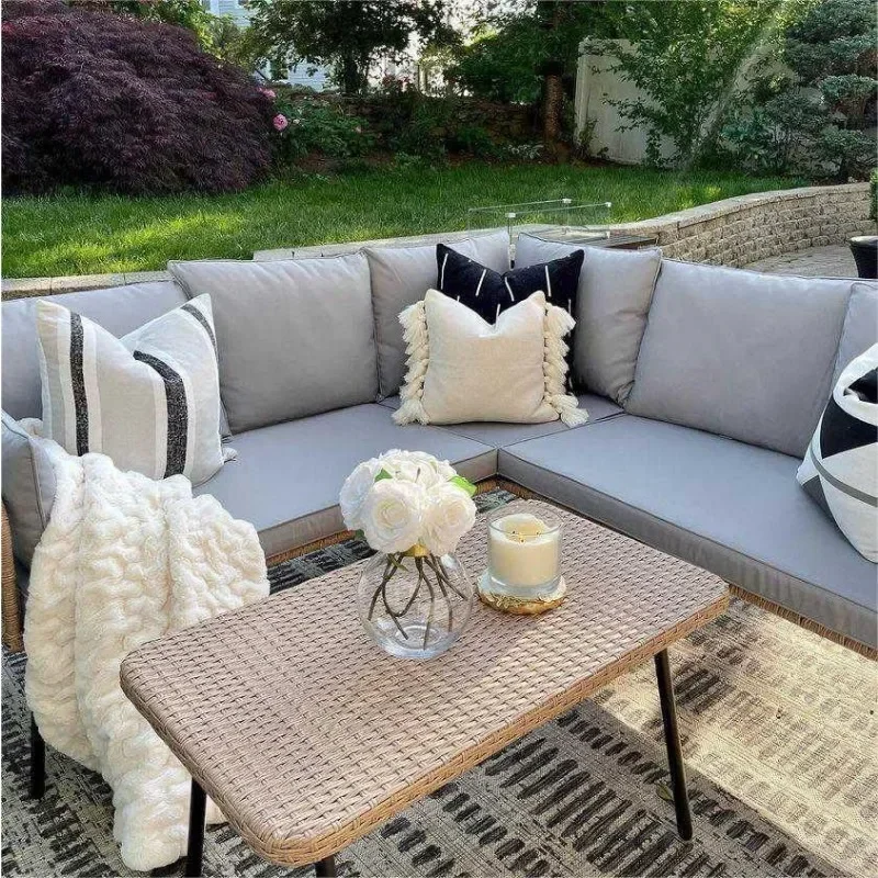 Pieces Patio Furniture Set, Outdoor Wicker Conversation Sectional Shaped Sofa with  Seater for Backyard