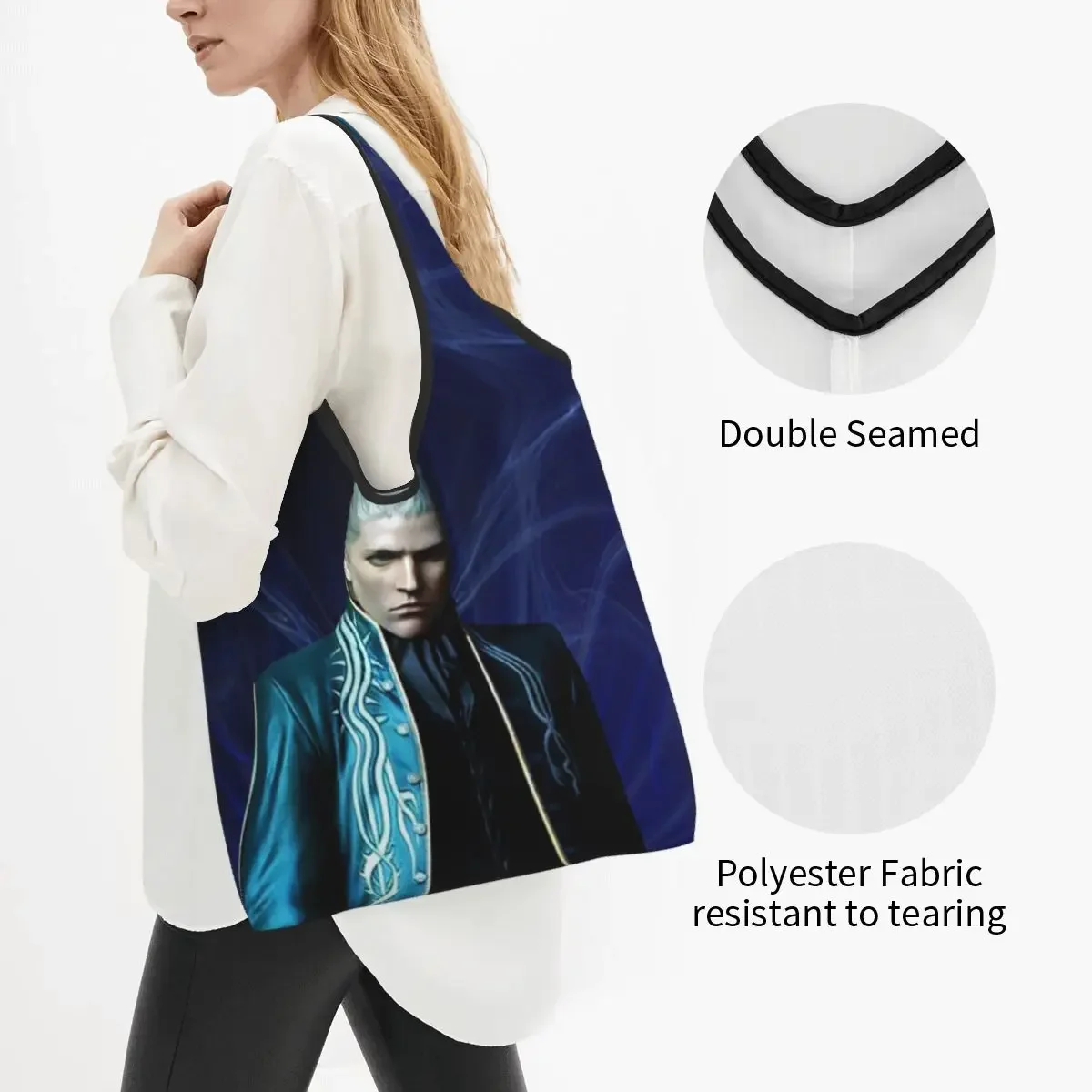 Vergil From The Devil May Cry Series Portable Tote Shopping Bags Foldable Shopper Bag Groceries Handbag Shoulder Bag