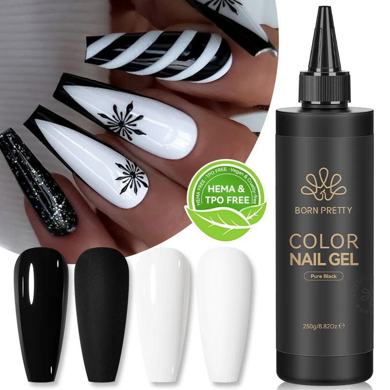 BORN PRETTY 250g Pure Black White Color Gel Nail Polish Soak Off UV LED Semi Permanent Self-leveling Varnish Refillment Package
