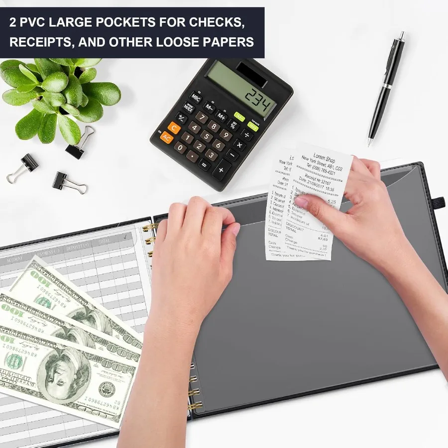 中小企業の会計管理用ハードカバー会計帳簿：2つの収納ポーチ付きの横型お金支出追跡ノート