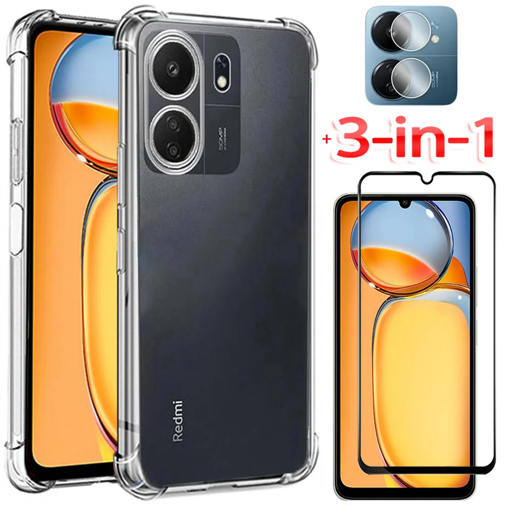 3-in-1, Silicone Case + Glass for Redmi 13C/Poco C65 Soft Shockproof Clear Phone Cases Xiaomi Redmi 13C Cover Redmi 13 C Case