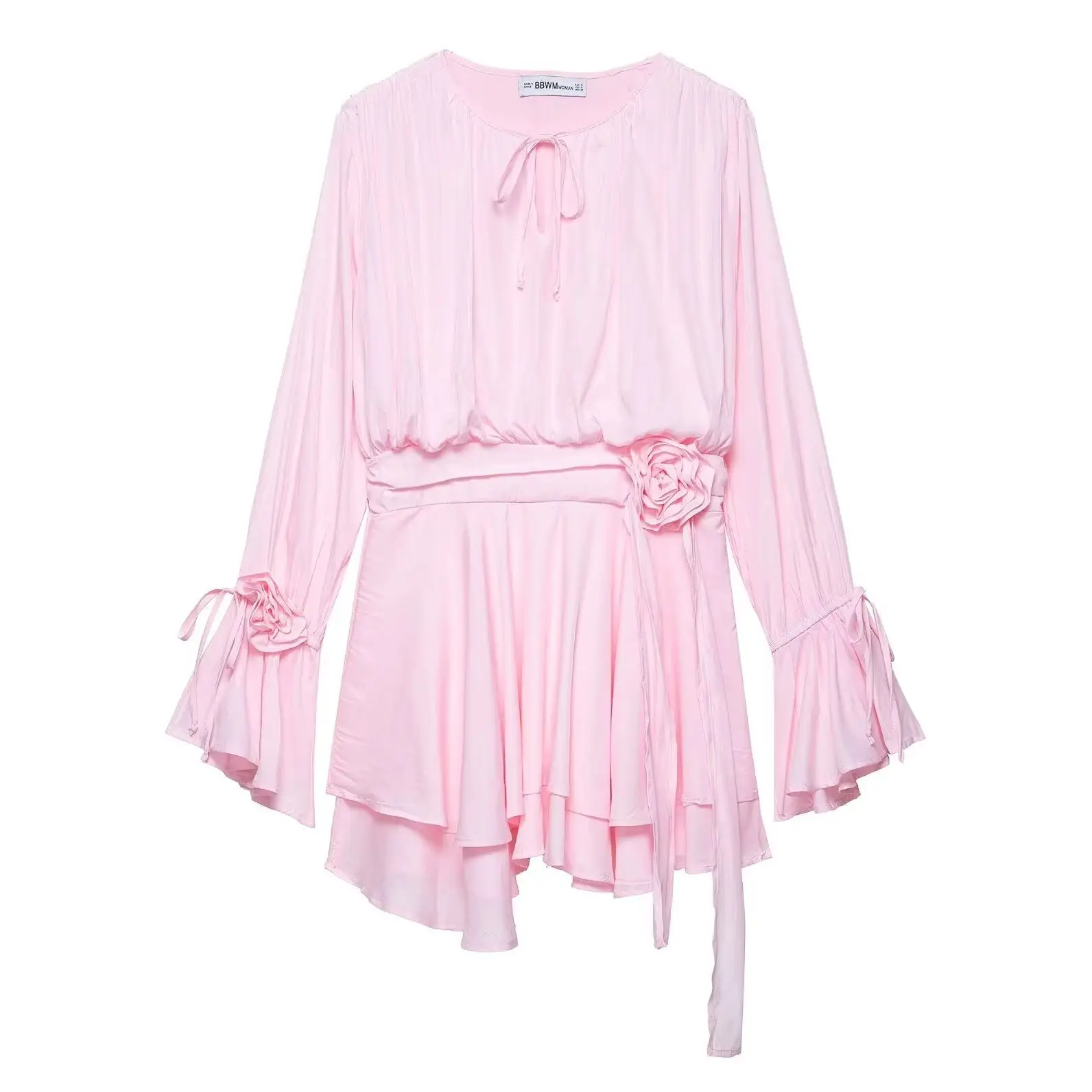 

KONDALA Chic 2025 Summer Solid Woman Mini Dress Flower Fashion Holiday Lace-up O-Neck Dress Draped Casual Sexy Mujer Vestidos