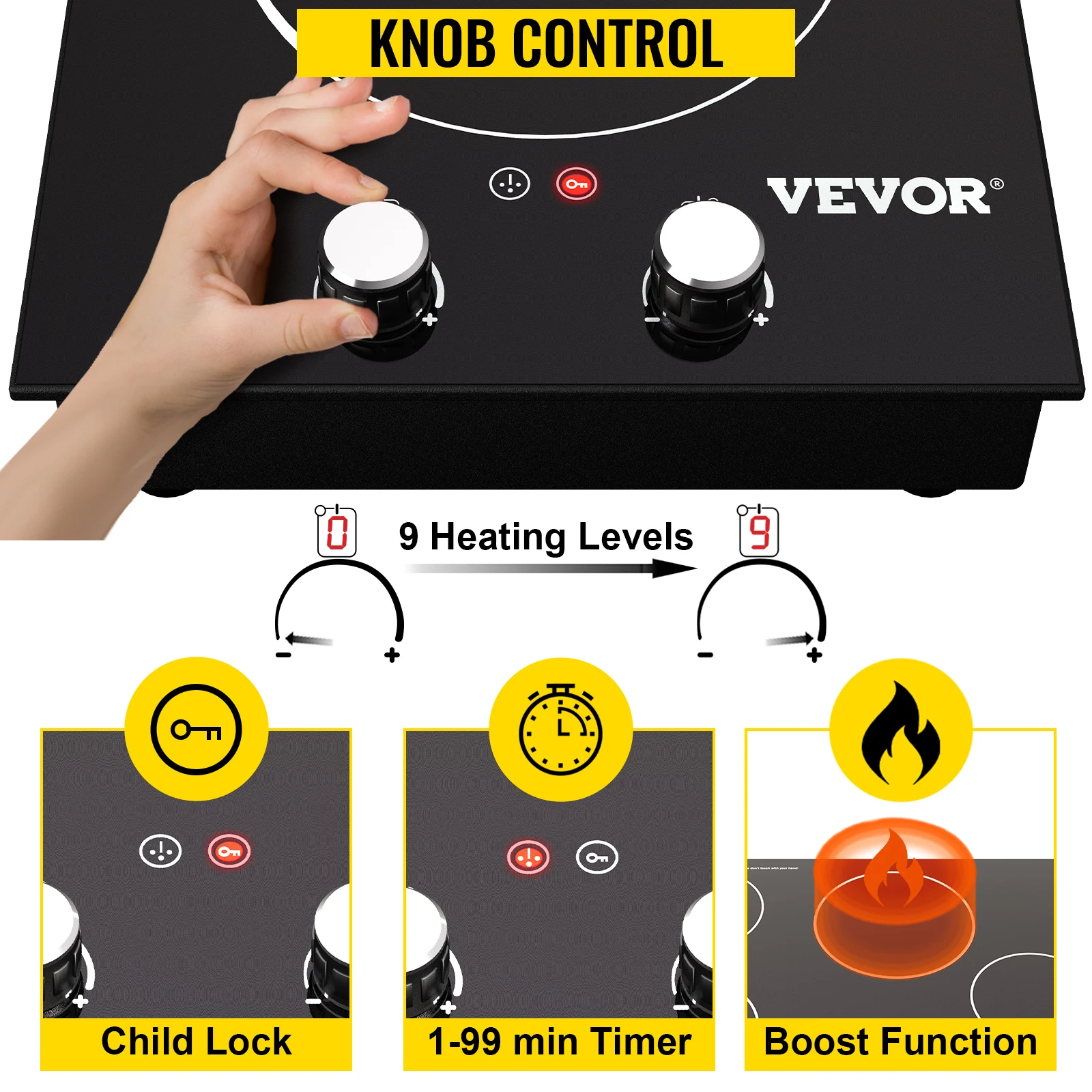 موقد VEVOR 11/30/35 بوصة 2/4/5 موقد كهربائي مدمج 220 فولت من السيراميك والزجاج مشع مع مقبض مؤقت تحكم عن بُعد
