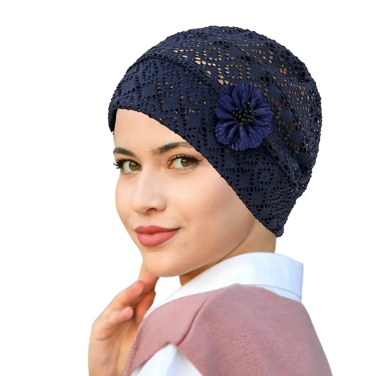 New Hollow Out Women Muslim Inner Hijab Hat Beads Flower Beanies Bonnet Hair Care Headscarf Head Wrap Chemo Cap Turbante Mujer