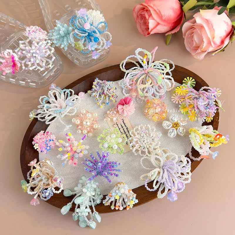 Handmade Beaded Pearl Flower Shoe Clips for Clog Shoes Colorful Durable Elastic Non Slip Soft Lightweight Accessories for Women