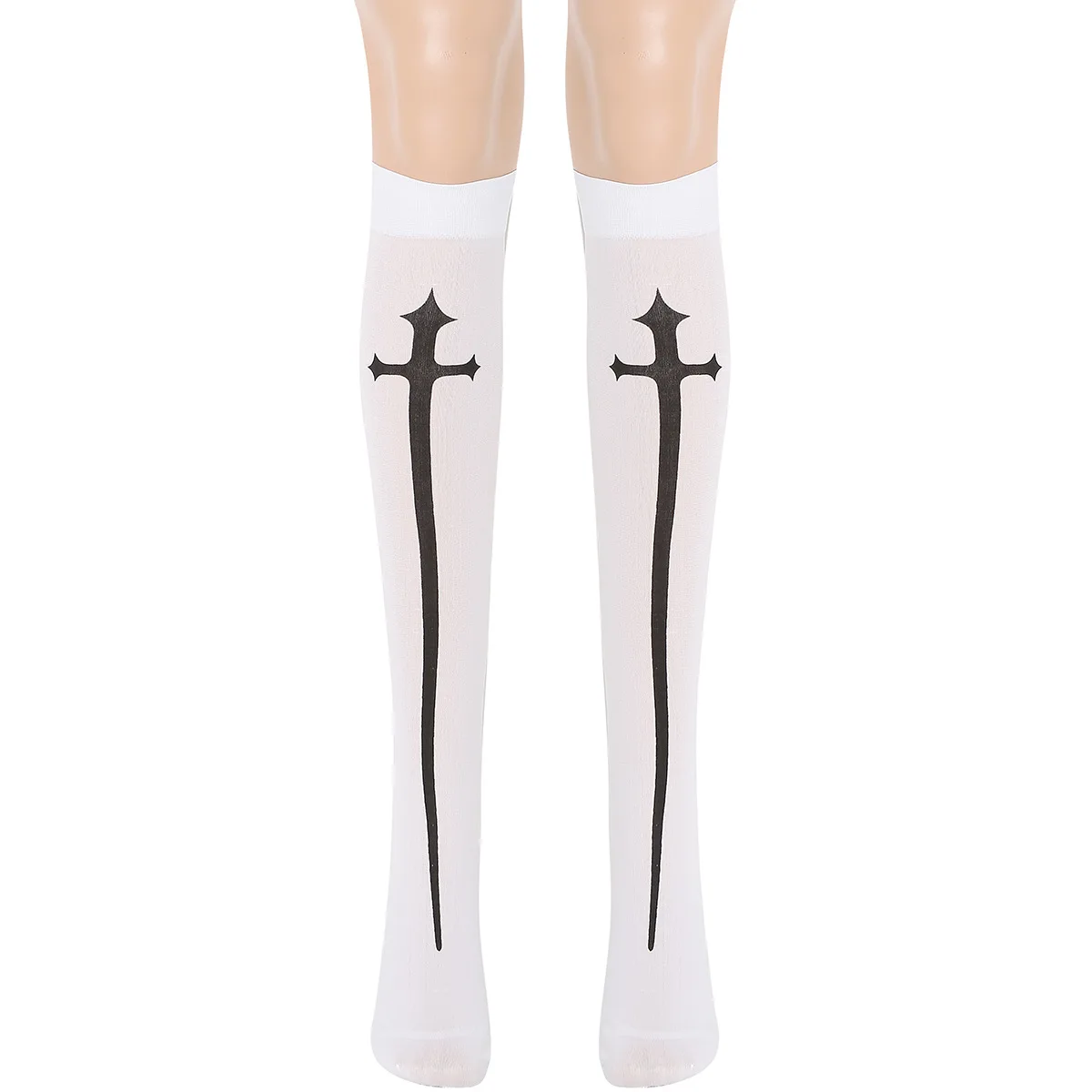 Gothic Cosplay Stockings Black White Halloween Party Accessories Crucifixion Print Stockings Makeup Ball Knee-high Nylon Socks 3