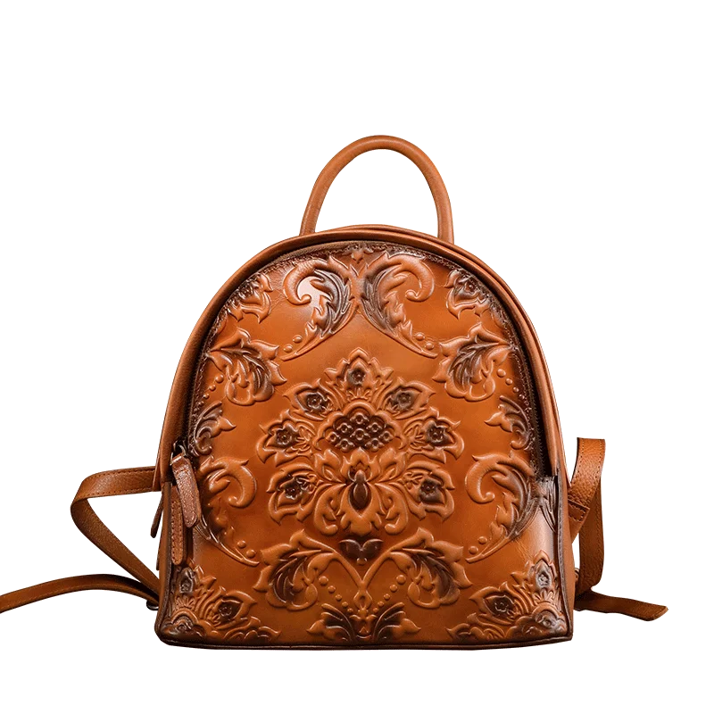 Genuine leather backpack Women top layer cowhide handmade bag Embossed small backpack Retro travel bag Leisure women bag