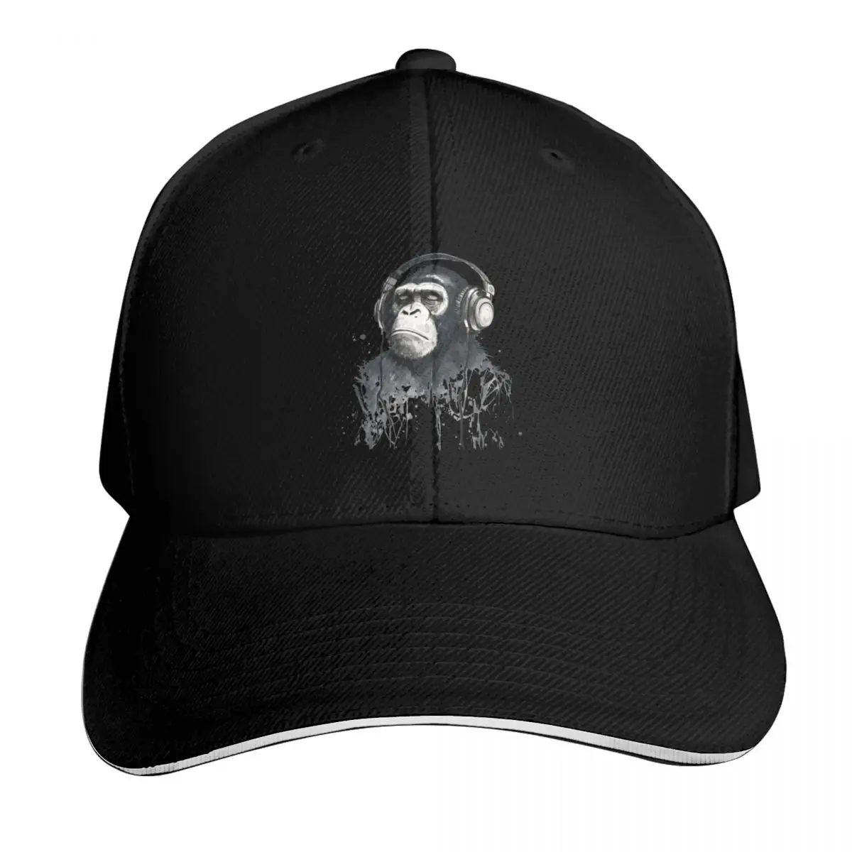 Chimp Wearing Headphones Listening to music Baseball Cap Casual Daily Wear Quick Dry Performance Cotton Twill Breathable