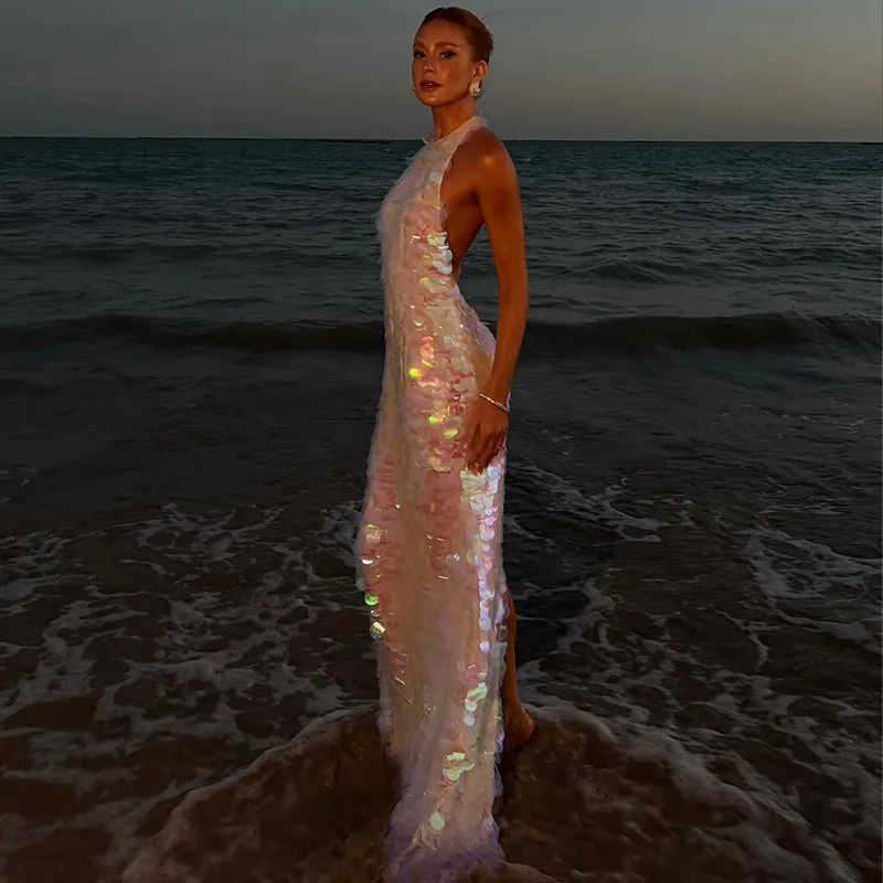 Chic Shinning Sequins Maxi Dress For Women Backless Sleeveless Halter Robes 2025 New Lady Spring Summer Vacation Beach Dresses image 4