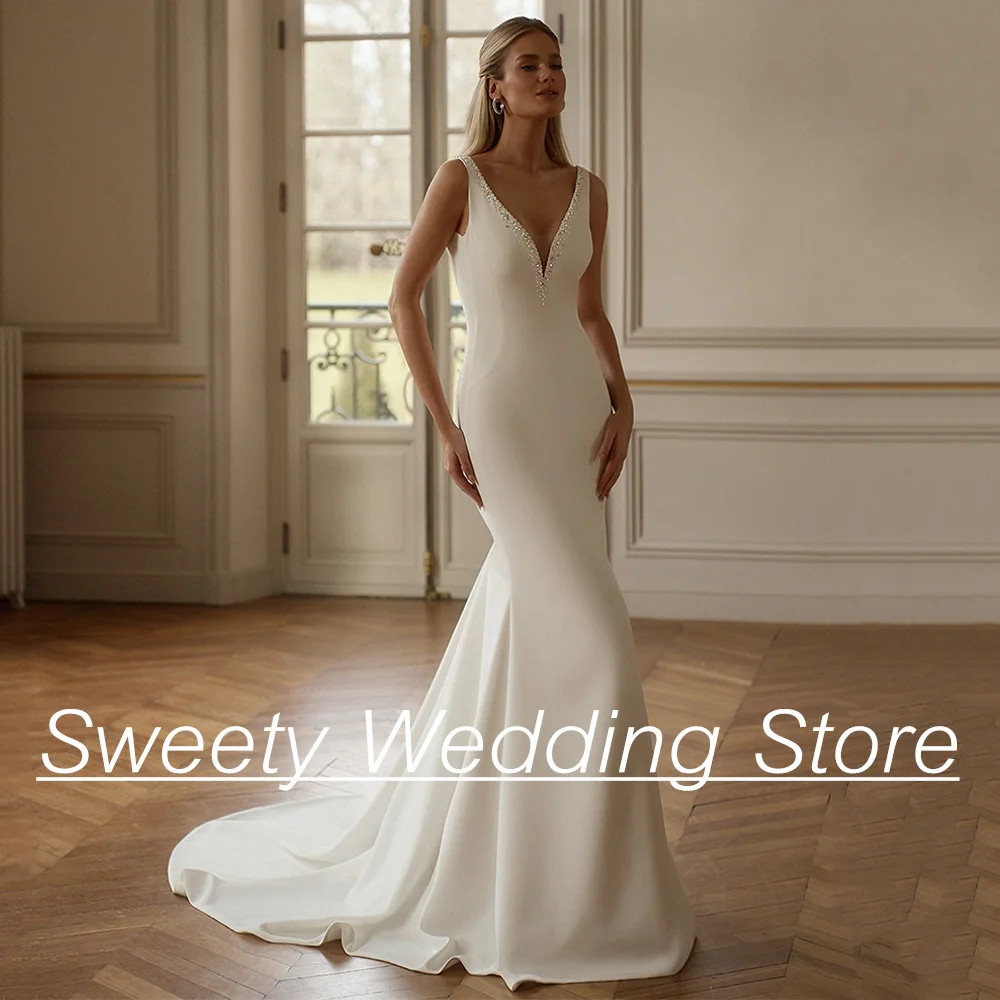 Abito da sposa a sirena personalizzato con strascico staccabile, scollo a V profondo, perle, perline, strascico, abito da sposa donna senza schienale personalizzato