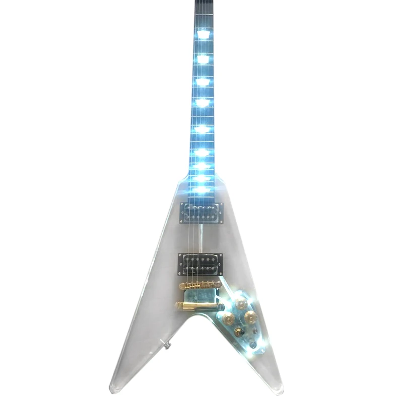 Good quality V style acrylic electric guitar with blue led light electricas electro electrique guitare guiter guitarra gitar