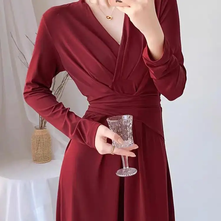 

Ele High Waist Long Sve Wrap Dr V Ne A-Line Gown Red Wine Color PG DVF Spring Summer Slim Fit Long Dr